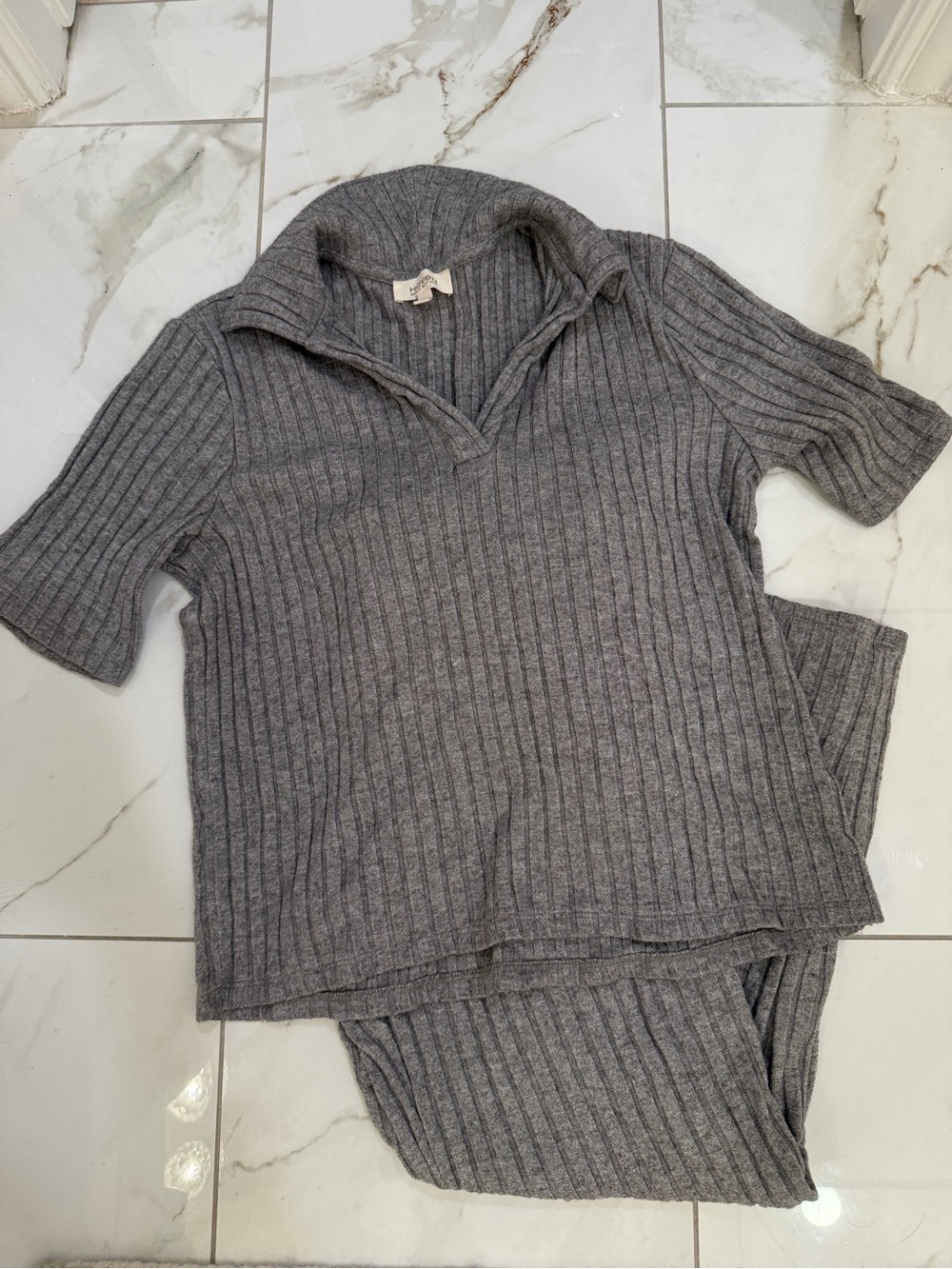 Ribbed Grey Collared V-Neck Sweater and matching pants set - Haven well within